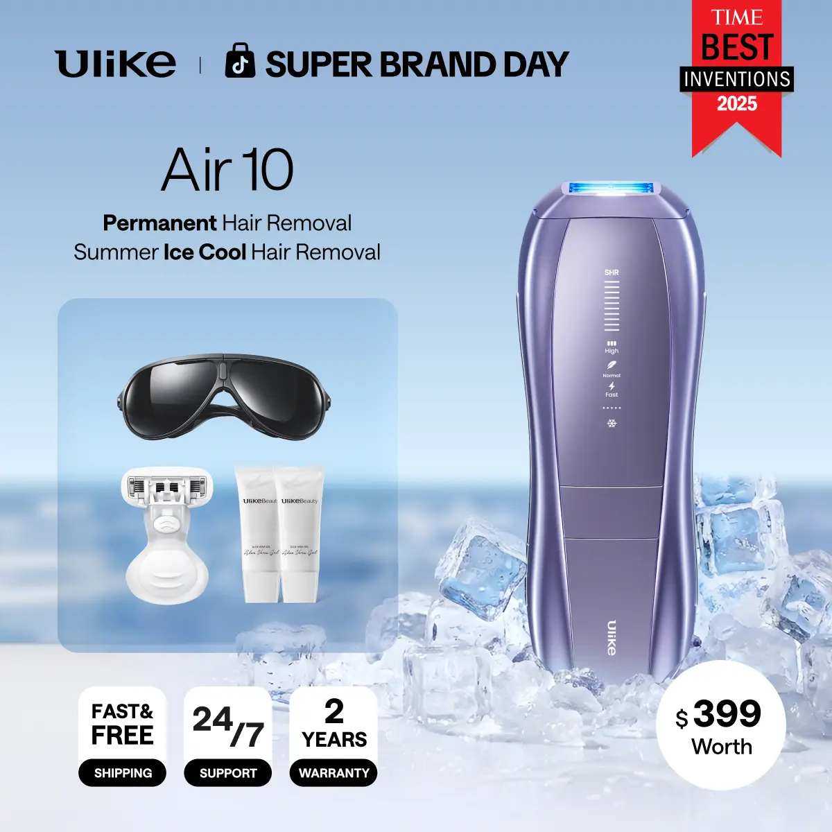【Super Brand Day】Ulike Air 10 IPL Hair Remover - Reusable Hair Removal Device with Ice Cooling Comfort, Dual Lights, Skin Sensor, SHR Mode, Bikini Line Smooth Result for Women & Men, Long-Lasting Salon-Like At-Home Use, Reusable Hair Remover