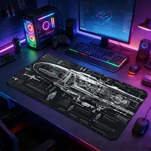Sci-Fi Spaceship Blueprint Technical Drawing XXL Extended Gaming Mouse Pad, Large Non-Slip Rubber Desk Mat, Stitched Lock Edge Washable Desktop Pad, Suitable for Gaming Setup Home Office, Ideal Gift for Sci-Fi & Space & Mechanical Design Fans