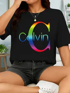 "Calvin" Rainbow Monogram Women's Casual Short Sleeve Crew Neck Cotton T-Shirt – Bestselling Vibrant Graphic Print, Beige, Machine Washable Spring & Summer Top, Soft Skin-Friendly Fabric, Daily Versatile, Fashion Design