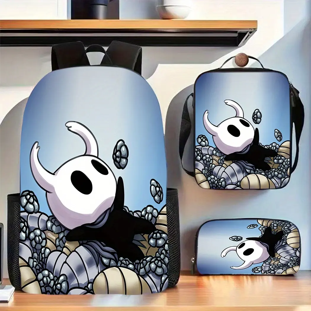 Durable Water Resistant 3-Piece Backpack Set for Kids, Lightweight School Bag with Lunch Box, Featuring Hollow Knight Cute Vessel Character Full-Print, Pale Blue Sky & Bug Shell Mound Background for Indie Game Fans Daily School & Casual Use