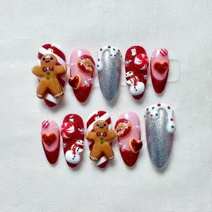 [BUY 2 GET 1 FREE] Christmas Press On Nails, Gingerbread Candy Cane Design with Snowman and Silver Glitter, 3D Holiday Nail Art, Reusable Cute Nails