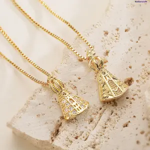 Exquisite 18K Gold Plated Zircon Crown Pendant Necklace for Women - Vintage Religious Jewelry, Retro Copper Design, Trendy European & American Hot-Selling Statement Piec