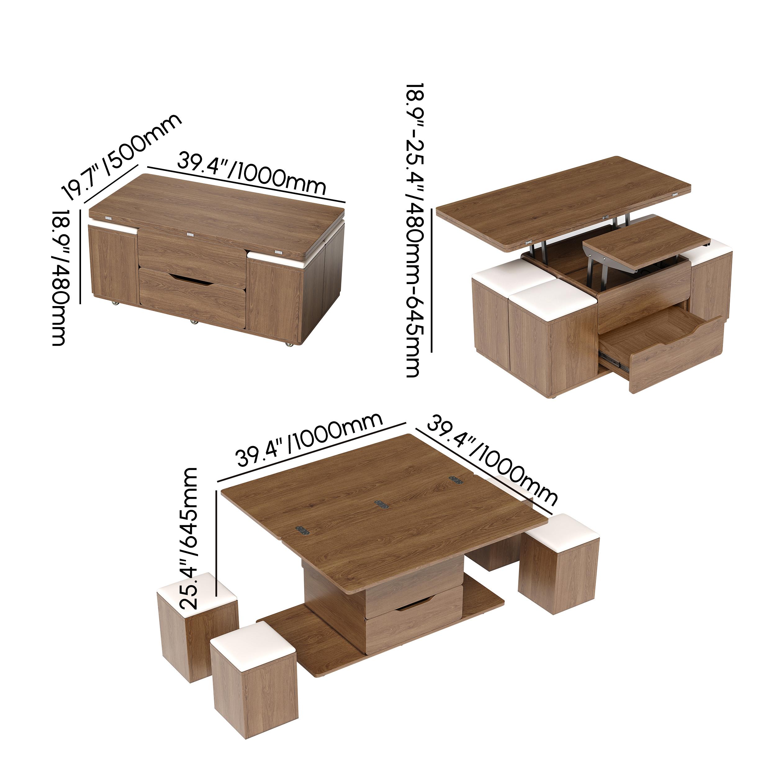 Homary Lift-Top Coffee Table with Hidden Storage, 3-in-1 Modern Folding Center Table with 4 Stools, Casters, and Lockable Wheels – Convertible Dining & Office Table for Living Room (Walnut)