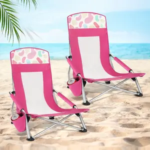 2-Pack High Back Beach Chairs, Mesh Back Folding Chair, Lightweight Low Seat Camping Chairs with Cup Holder, Carry Bag, Padded Armrest for Outdoor Beach Lawn Camping Picnic Festival