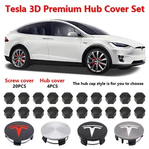 Tesla Wheel HUB Cover Sticker + Tire Cap, Car Tire Center Modification Cover, Durable Anti-Drop Rim Cover, Dustproof Scratch Protection