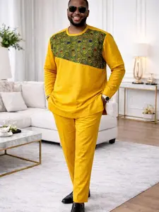 Men’s Mustard Yellow Senator Set – Long Sleeve African Traditional Wear with Ankara Panel
