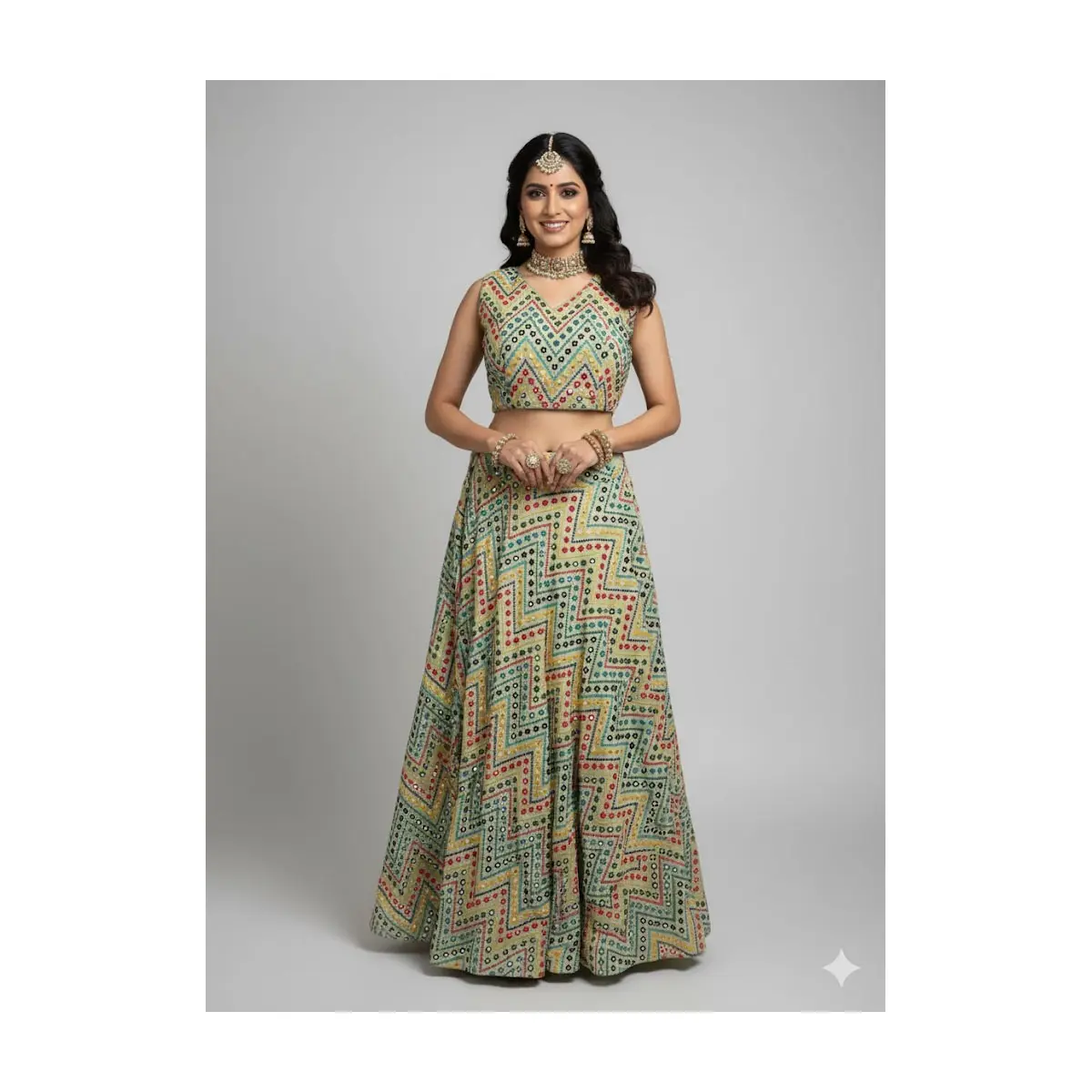 #K23 Vibrant Chevron Mirror-Work Lehenga Set (Top + Skirt)
