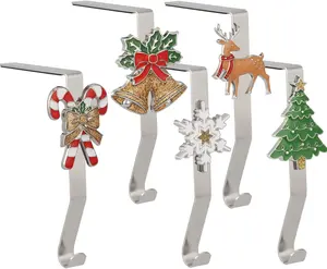 Set of 5 Stocking Holders for Mantle Christmas Stocking Hangers for Fireplace with Festive Designs Including Candy Cane Bell Deer Snowflake and Christmas Tree Hooks for Christmas Decoration