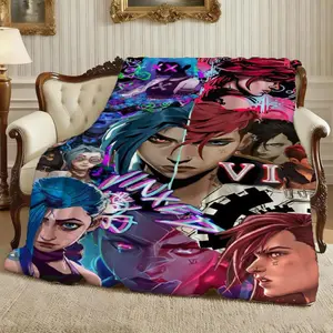 A Vi and Jinx Themed Creative Design Printed Flannel Blanket, Printed Plush Blanket, Warm and Practical, Suitable for Napping, Air-conditioned Room Sofa Throw, Ideal for Office, Bed, Camping, and Travel, Multi-functional Design, Usable in All Seasons