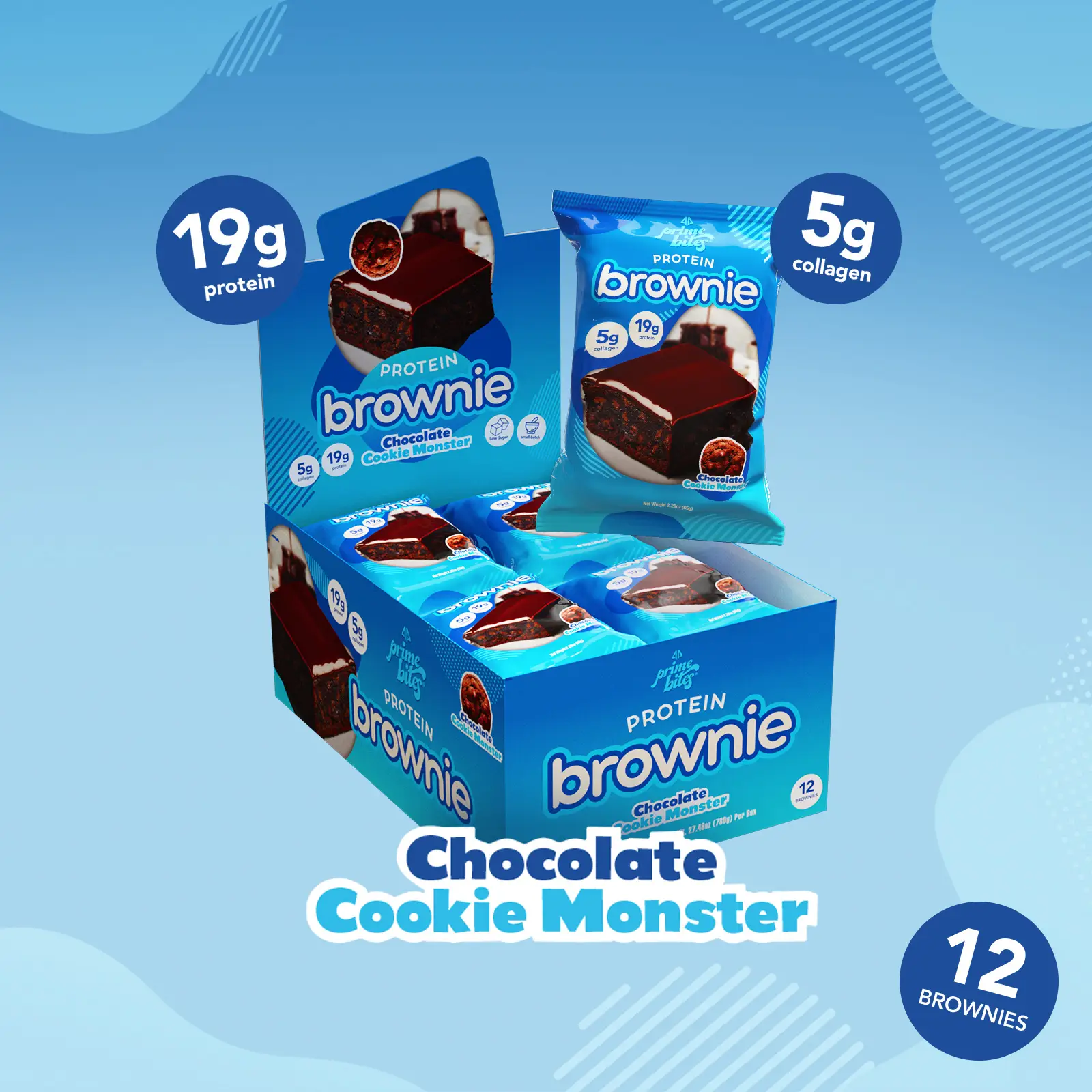 12 Pack - Chocolate Cookie Monster Prime Bites Protein Brownies - High Protein, Low Sugar