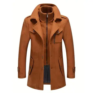 Men's Stand Collar Wool Blend Pea Coats With Removable Inner Collar Single Breasted Overcoat