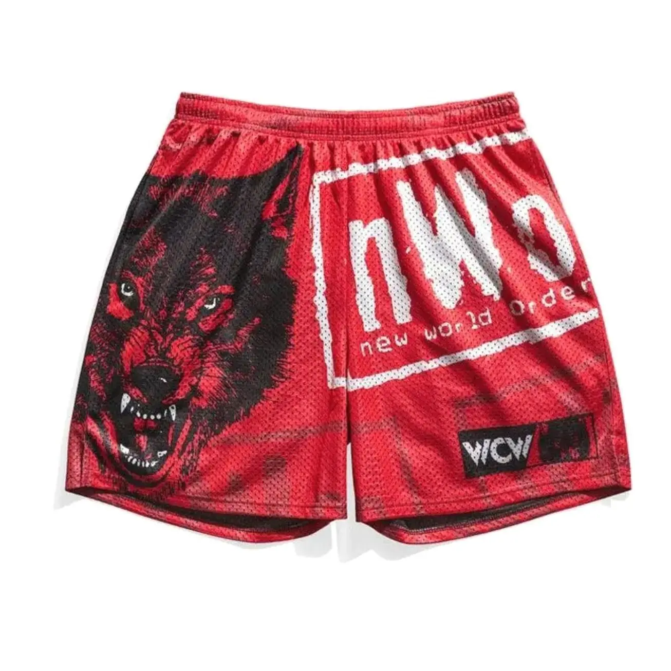 Red Wolf Pack Mesh Shorts – Fierce Wolf Graphic Streetwear Basketball Shorts, Retro 90s Wrestling-Inspired Outfit for Men