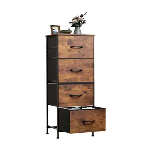 4 Drawer Fabric Storage Dresser Tower, Rustic Brown Wood Grain Print, Sturdy Steel Frame & Wood Top, Easy Pull Handle, Organizer Unit for Bedroom, Hallway, Entryway & Closets
