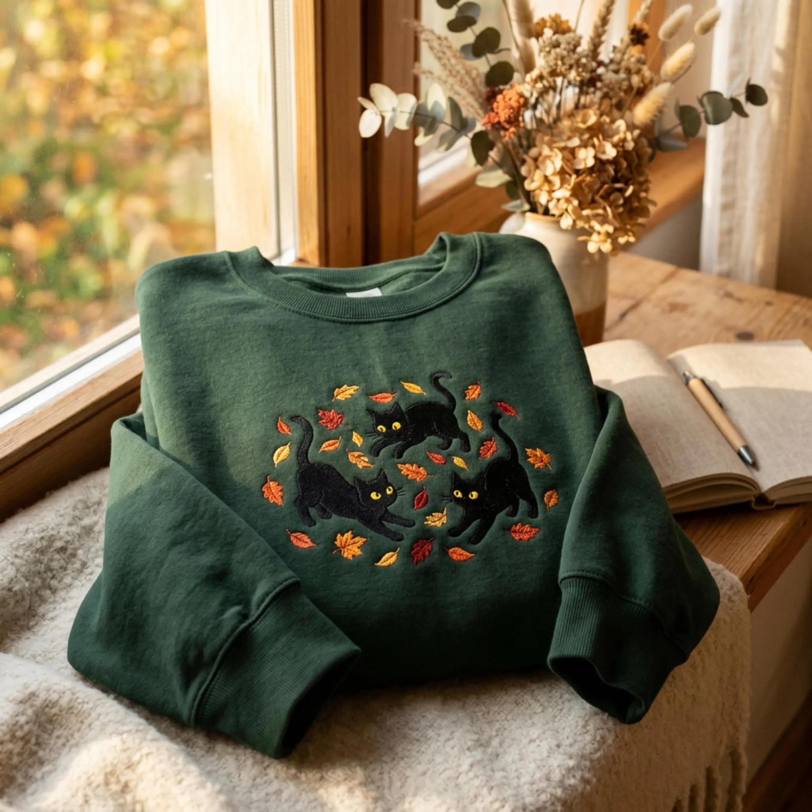 [Made in US] Embroidered Pumpkin Black Cat Sweatshirt T Shirt Hoodie, Cozy Fall Crewneck, Autumn Shirt, Cute Autumn Spooky Season, Cat Lover Gift