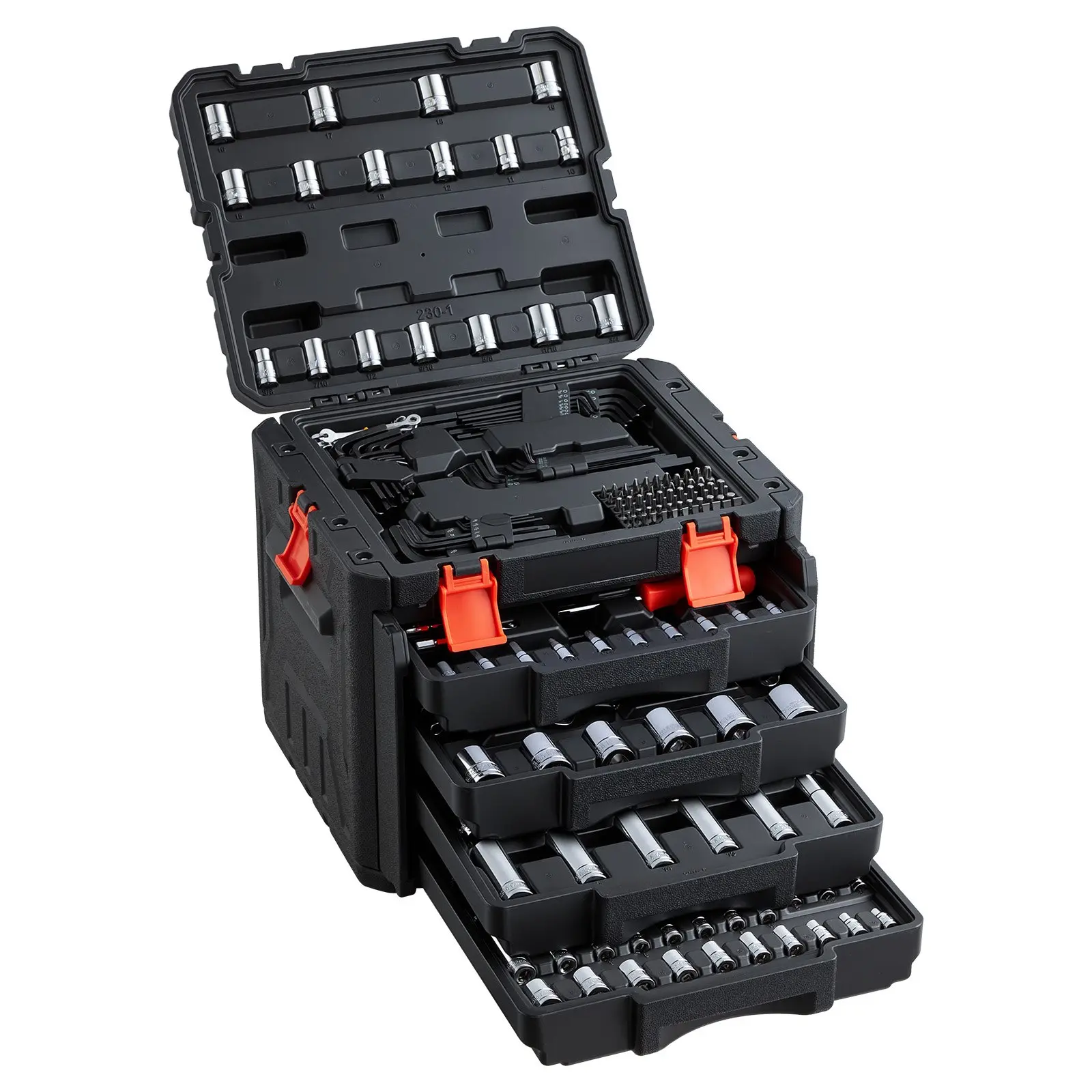VEVOR 230-Piece CR-V Steel Automotive Repair Mechanics Tool Set - 1/4 in, 3/8 in, 1/2 in Drives, SAE/Metric Sockets, Wrenches, Screwdriver Bits, Roll-Stamped, 25.33 lbs, Carry Handle Storage Case (13.78 x 11.02 x 12.01 in)