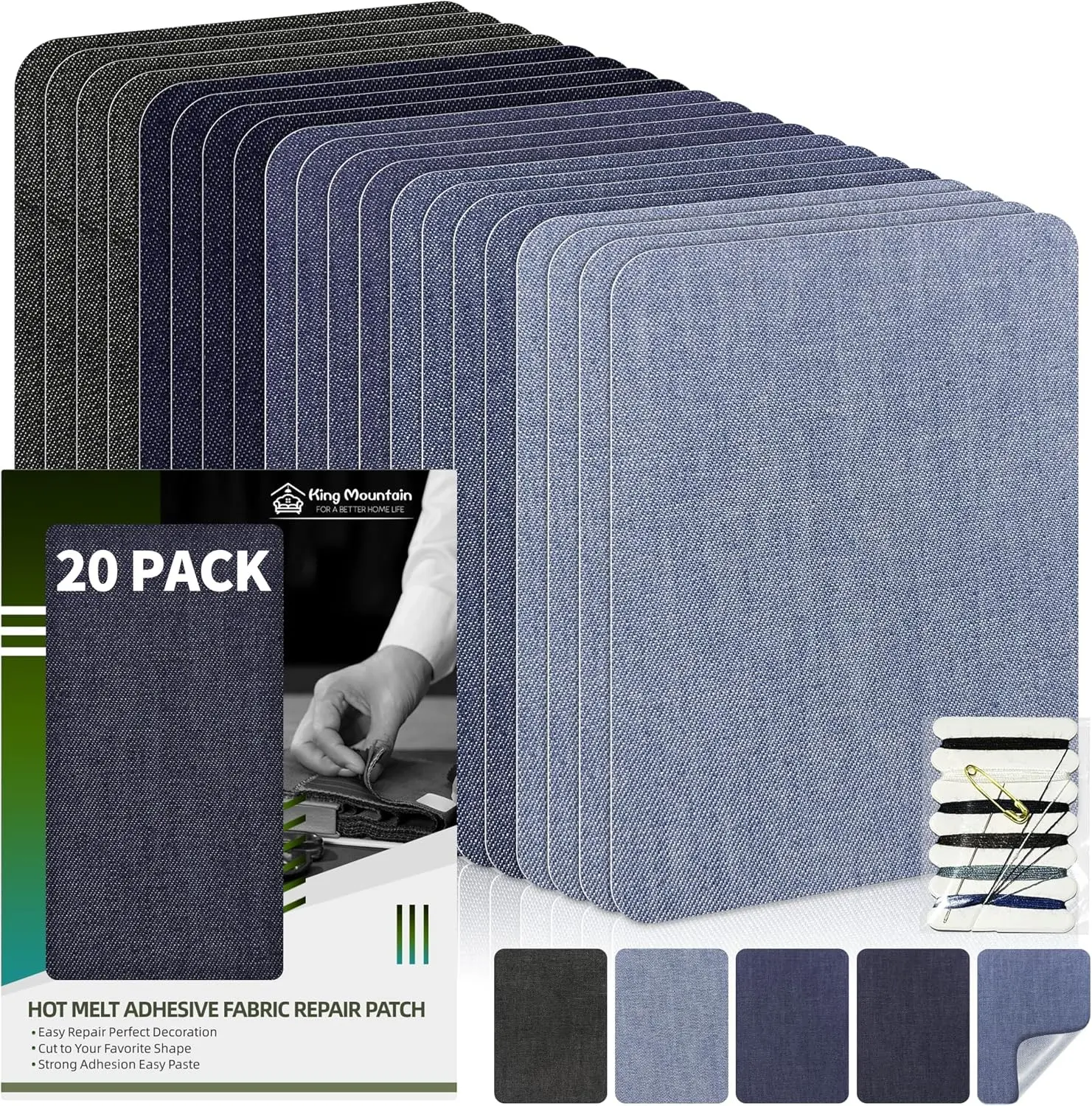 Iron-on Repair Patch 20 Pcs Pack,Denim Patches for Jeans Kit 3" by 4-1/4",100% Cotton Denim Iron-on Repair Patch,Jeans and Clothing Repair and Decoration Kit (Five Color 1.0)