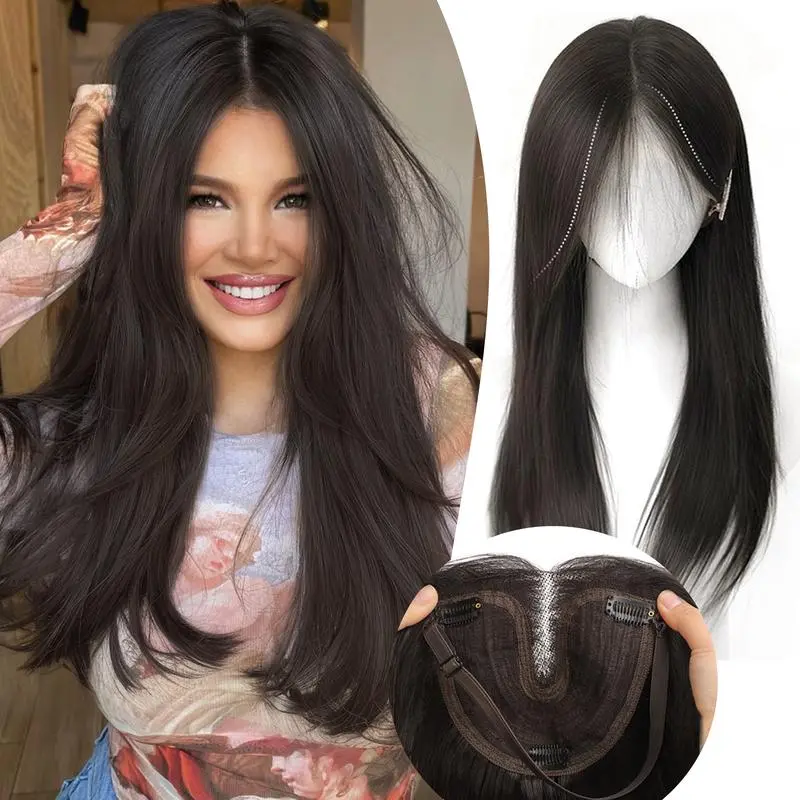 ONLYCUTE Hair Topper 22 inch Slightly Layered Synthetic Extensions No Wig Cap Required Large Piece Natural Invisible Add Volume Length for Women