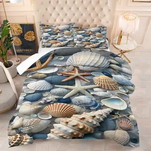 2/3-Piece Marine Life-Themed Bedding Set, Beach Starfish and Seashell Pattern Printed Comforter Set, Coastal Style Bedroom Decoration, Soft, Breathable and Skin-Friendly, (1 Quilt + 1 Or 2 Pillowcases)