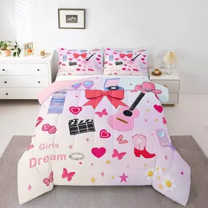 Music Themed Bedding Set,Guitar Singer Vinyl Record Comforter Set,Pink Disco Ball Quilt Bed Set,Red Bow Butterfly Bedding Comforter Sets