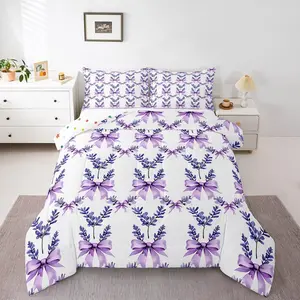 Feelyou Purple Bow Microfiber Bedding Set - Lavender Floral Quilt Set for Girls, Country Cottage Flower Print, Breathable Soft Blanket, Soft Breathable Bedding Linens