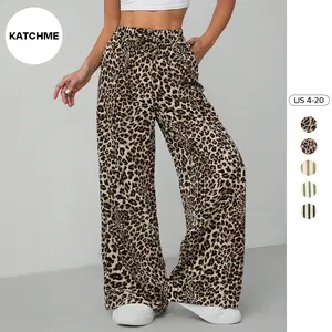 KatchMe Women's Chic Allover Print Drawstring Decor Pocket Wide Leg Trousers, Leopard Print High Waist Lightweight Pants, Stripe Streetwear Outfits