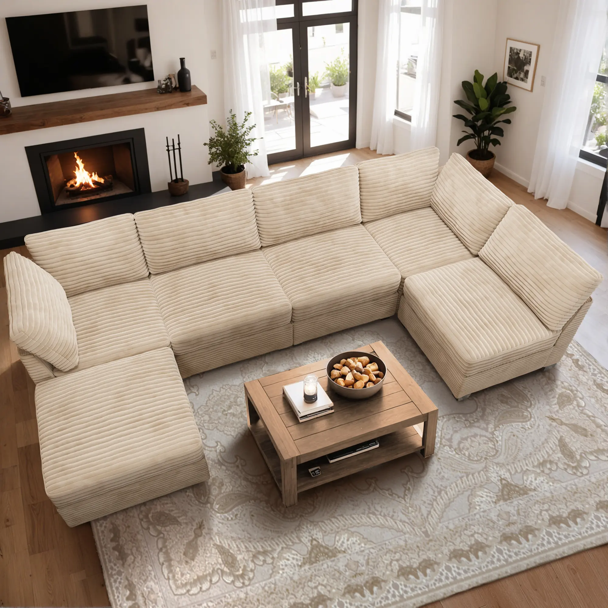 Beige, 6 Seats, Sofa Bed