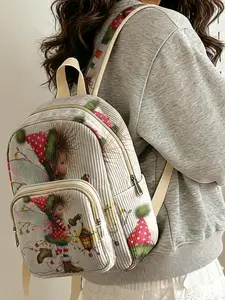 1 piece of 2D printed lady's backpack with a Christmas elf pattern, velvet texture + layered storage + light weight reduction | perfect for students to go to class/shopping/short trips | combination of atmosphere and practicality