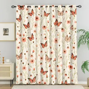 2 panels Floral Prints Butterfly Blackout Curtains, Blush Pink Wildflower & Butterfly Print Sun Block Window Treatments for Bedroom Balcony, Boho Cottage Style Decor