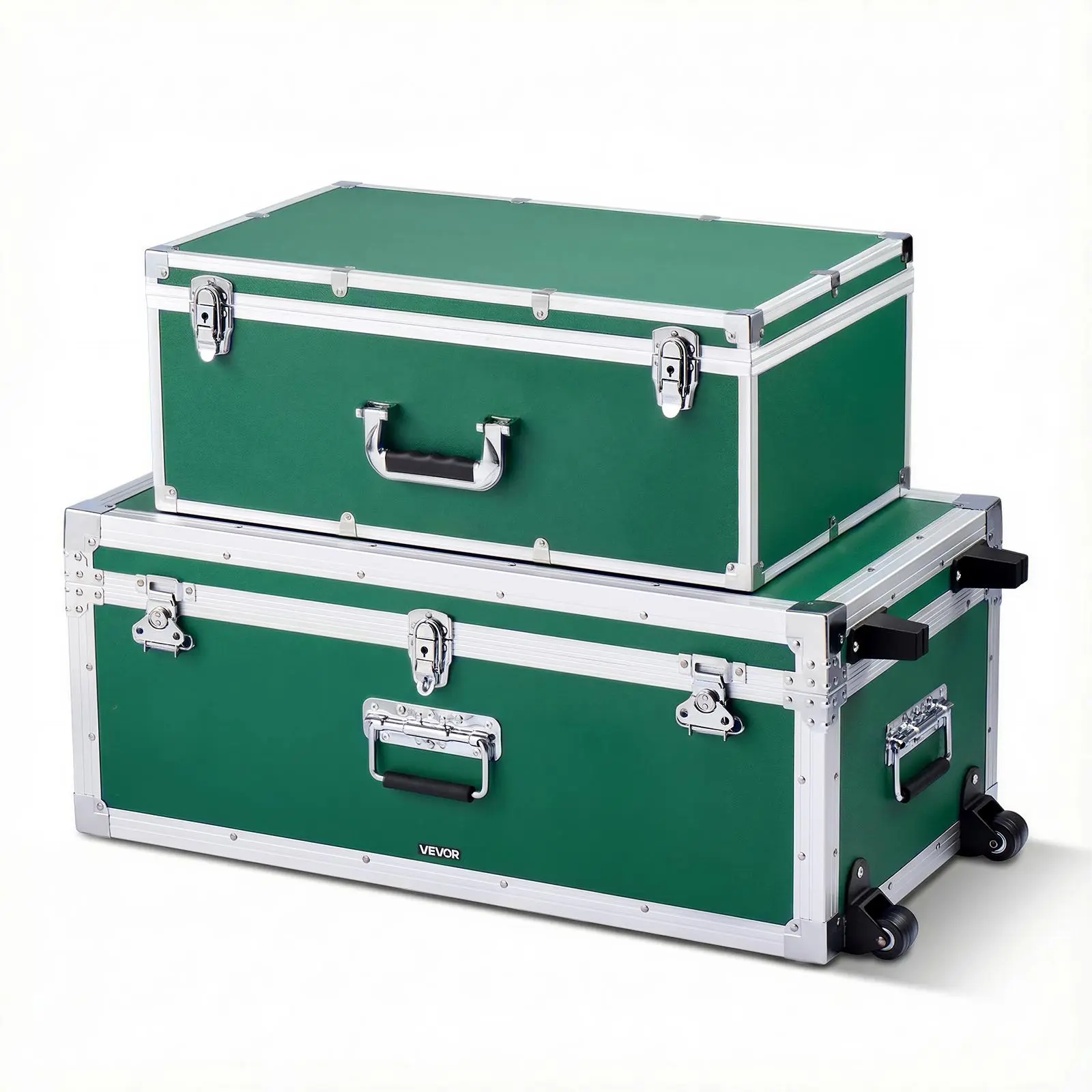 【summerfinds】VEVOR Metal Storage Trunk, Set of 2, Wooden Suitcase Storage Boxes with Padlocks, Large Trunk Includes Casters and 3 Metal Handles, Decorative Store Chest with Lids for Travel, Apartment, Dorm, Green, Organiser, Organizer Storage Boxes, La