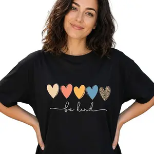 Be Kind Shirt Women Leopard Heart Inspirational Graphic Tee Plus Size