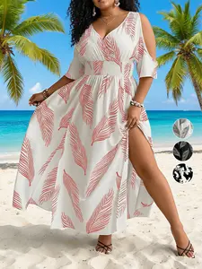 Plus Size Women's All over Print off Shoulder Slit Dress, Casual Summer Boho Styles Fashion, Comfortable and Stylish, Perfect for Daily Wear