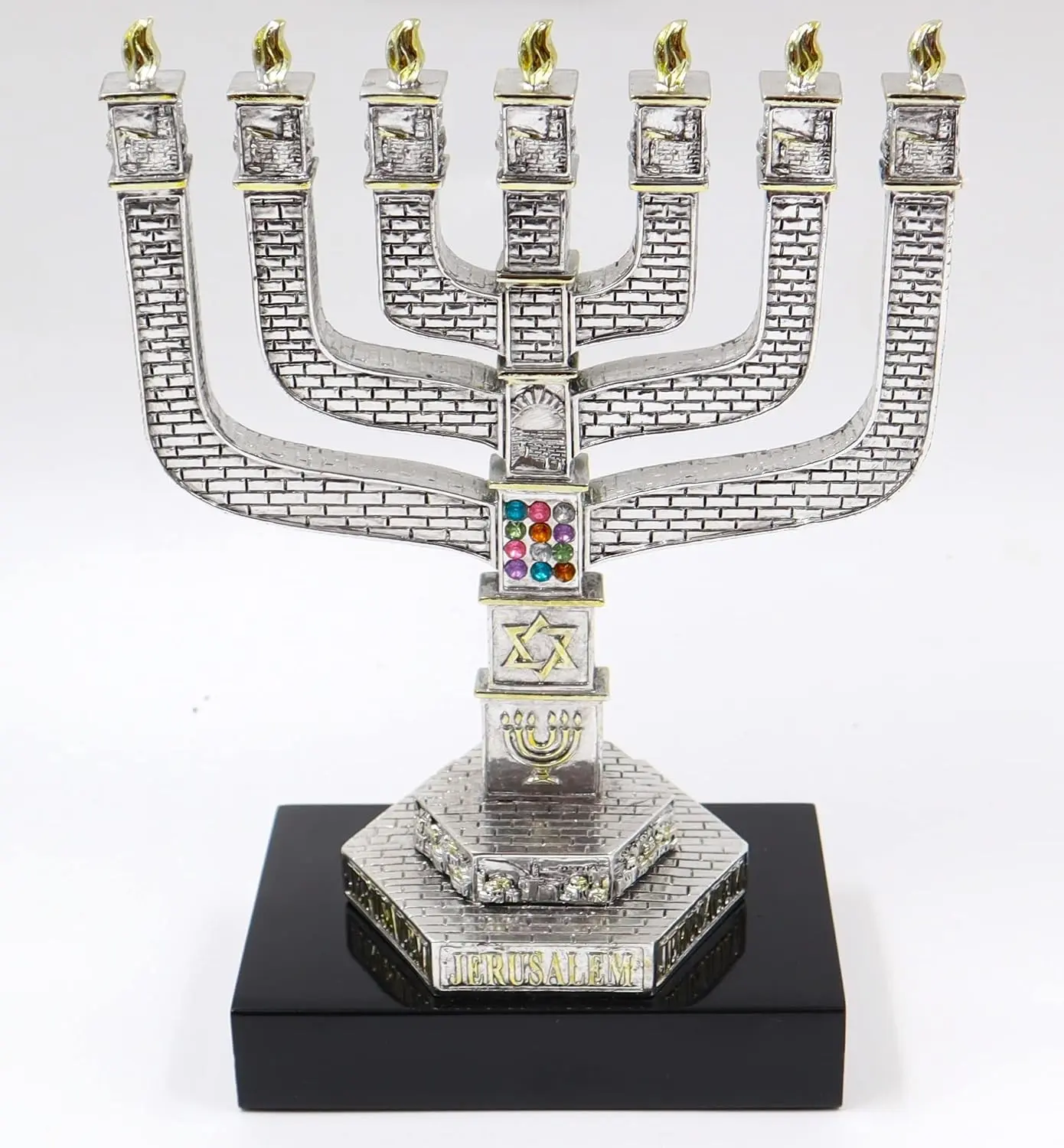 Jerusalem 7 Branch Traditional Menorah Finish, with Hoshen Stones & Star of David, Candlestick Candle Holders (8.2 inch)