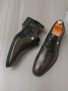 Men's Classic Block Heel Business Shoes, Rubber Sole Lace-Up Formal Shoes, Elegant PU Leather Office Footwear, Business Style Shoes, All Season Wear