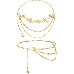 2 PCS Waist Chain Belt Multilayer Gold Silver Sun Moon Chain Belt for Women Dress Body Belly Chain Metal Waist Chain outdoorfun