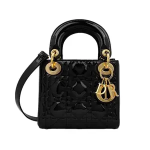 Pre-owned Dior Patent Shoulder Bags Lady Mini Black Cannage Handle Bag With Gold Charms