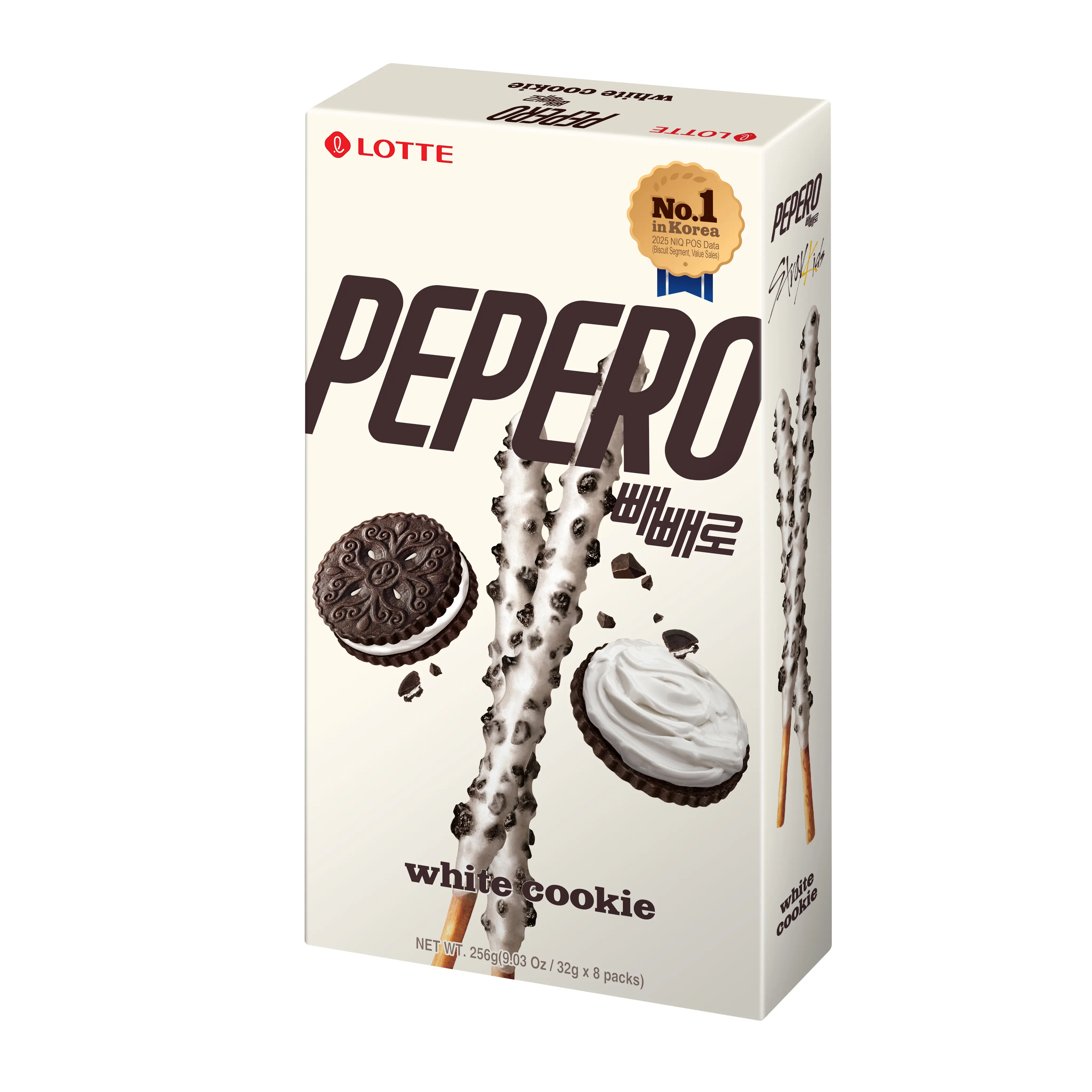 [Official] Pepero White Cookie, Creamy Cookie Biscuit Sticks, 1.13 oz x 8 Pack, Crisp biscuit sticks with a creamy white coating and crunchy cookie pieces for a smooth, cookie-filled crunch.