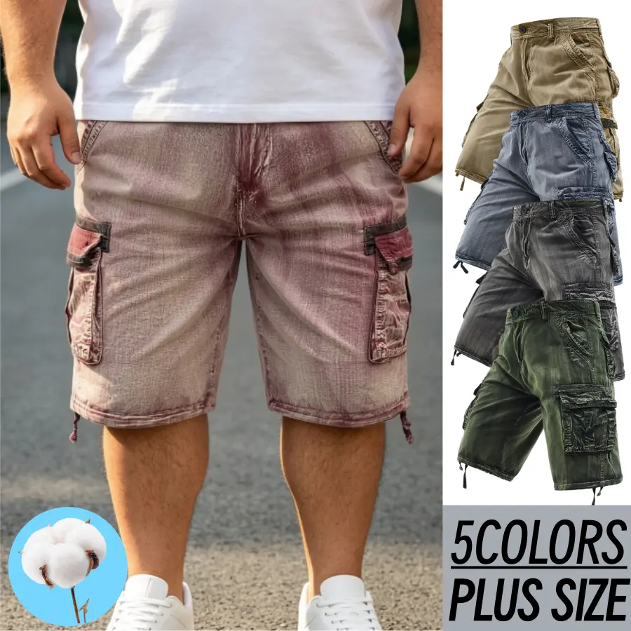 Plus Size Men Vintage Washed Cargo Capri Shorts, 100% Cotton Multi Pockets Knee-length Cropped Shorts, Casual Outdoor Work Shorts