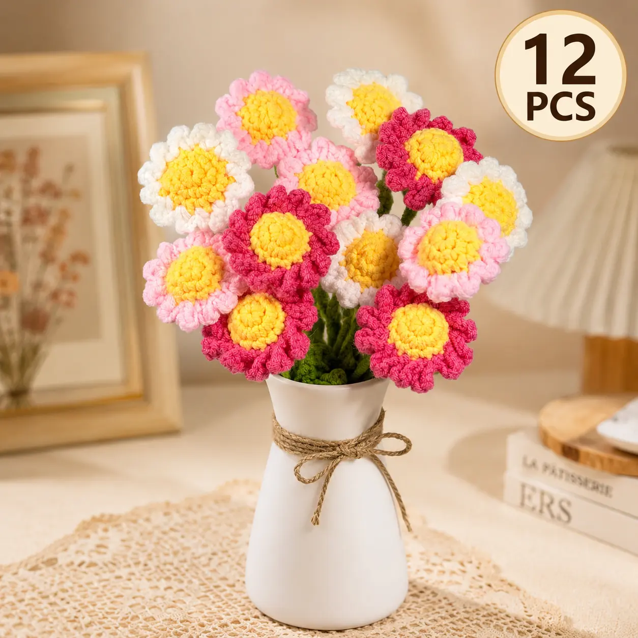 12pcs, Crochet Daisies Flower Bouquet without Vase, Decorating Rosy Eternal Flowers,Decorative Bouquet for Home Decor, Garden Party, Wedding Decor Decoration Gift