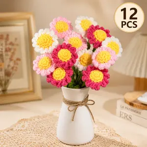 12pcs, Crochet Daisies Flower Bouquet without Vase, Decorating Rosy Eternal Flowers,Decorative Bouquet for Home Decor, Garden Party, Wedding Decor Decoration Gift