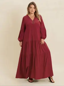 【Plus Size】 Plain V Neck Long Sleeve Dress, Long Sleeve Dresses, Boho Fashion Dress for Daily Holiday Vacation Wear, Women Plus Clothing for All Seasons
