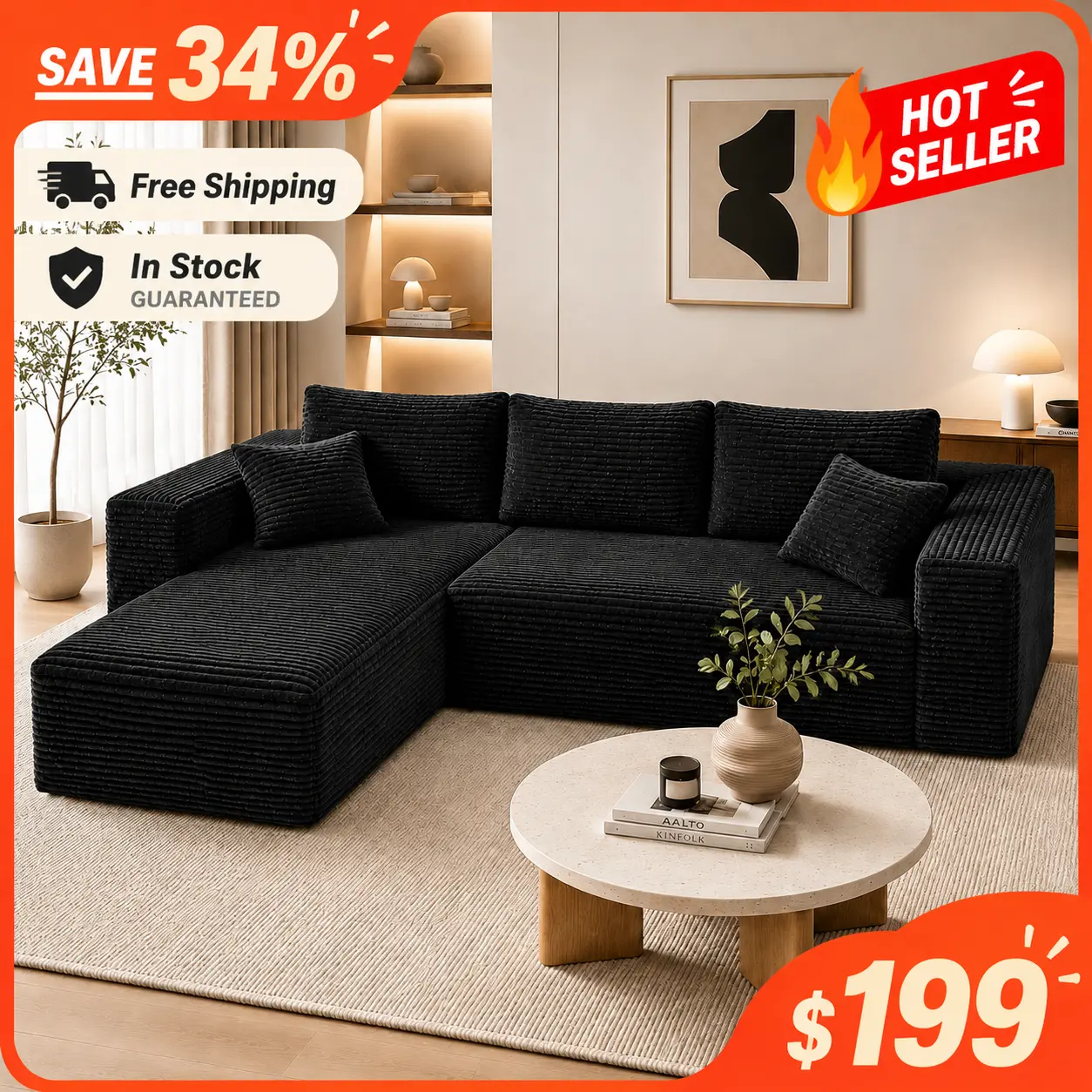 96-in L-Shape Sectional Functional Sofa Set, 3-Seat Frameless Corner Couch, Ultra-Soft Corduroy Upholstery, Indoor Sofas for Living Room Apartment Furniture