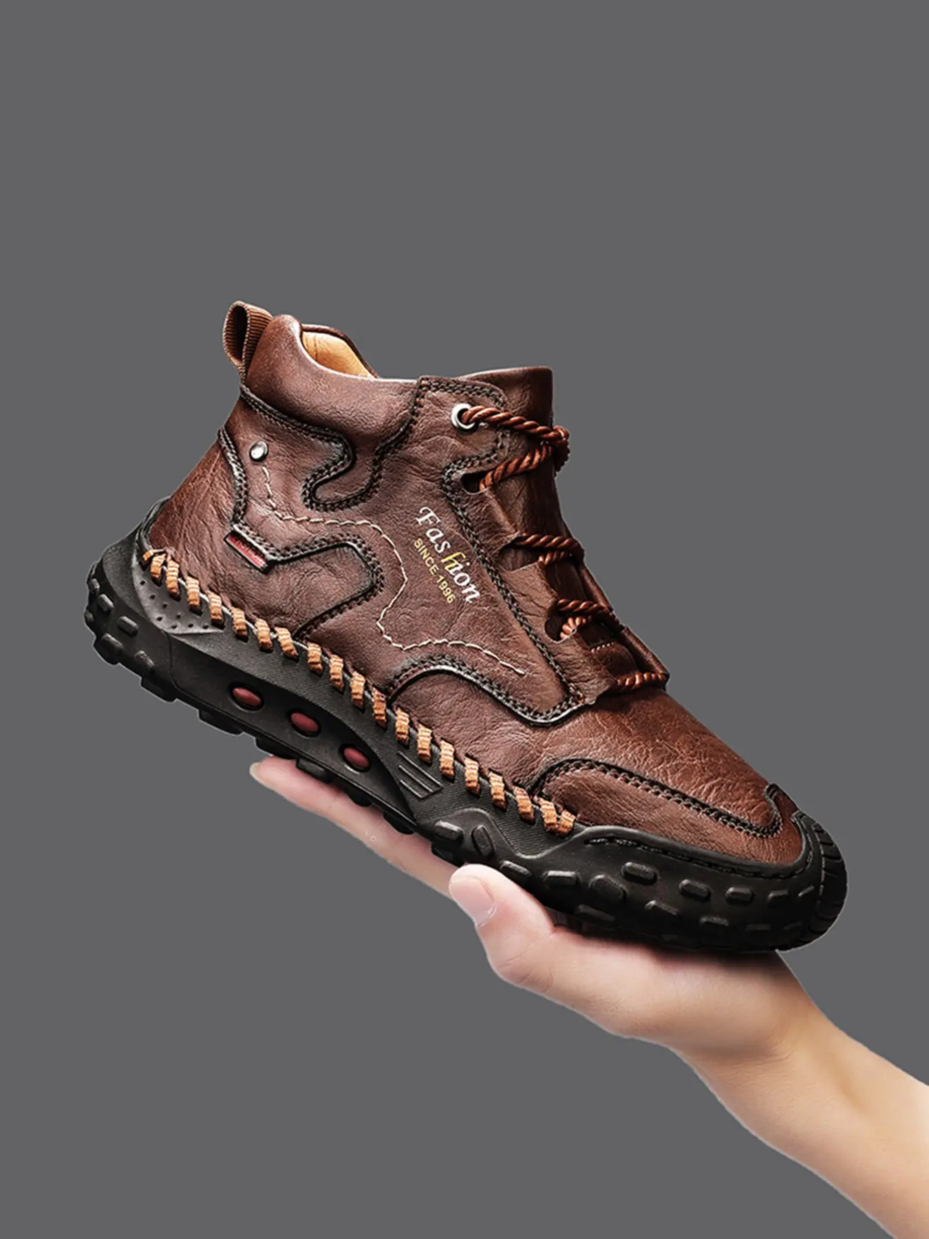 Men's Fashion Casual Shoes, Walking Shoes, Hand-Stitched Mid-Calf Boots, Laces-Up Bare Boots, British Style Work Boots, All-Season Solid PU Rubber Sole Footwear, Closed
