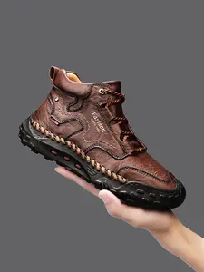 Men's Fashion Casual Shoes, Walking Shoes, Hand-Stitched Mid-Calf Boots, Laces-Up Bare Boots, British Style Work Boots, All-Season Solid PU Rubber Sole Footwear