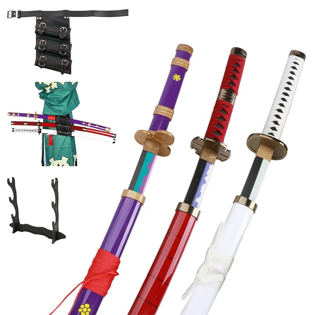 ELERVINO 41-in Handheld Bamboo Wooden Roronoa Zoro Cosplay Sword Set - Yama Enma, Wado Ichimonji, Sandai Kitetsu Swords with Black Belt Stand Display for Halloween Cosplay Props, Collection Decoration, Birthday Christmas New Year Gift, Birthday Halloween
