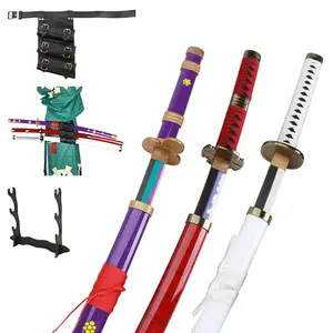 ELERVINO 41 inches Bamboo Wooden Roronoa Zoro Cosplay Sword Set, Yama Enma Wado Ichimonji Sandai Kitetsu Swords with Black Belt Stand Display for Halloween Anime Role Playing Props Cosplay Collection Decoration Christmas Gift Birthday Decoration