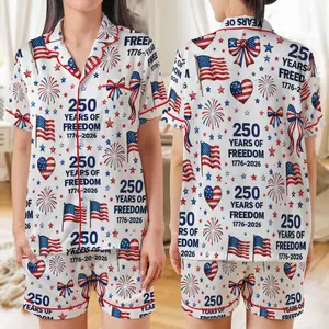 USA 250th Anniversary Patriotic Pajamas Satin Silk Set, 4th of July Pajamas Sets, USA Flag Coquette Bow Patriotic Premium Satin Pajamas, Gift For Her, Independence Day Fourth of July Pajama Set, Women Sleepwear