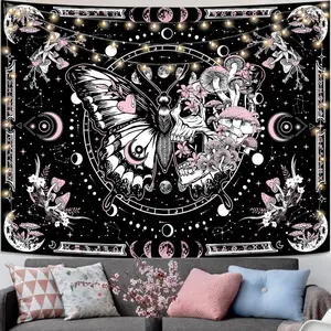 Skeleton Butterfly Tapestry Pink Skull Hippie Mushroom Plants Tapestry for Bedroom Moon phase Aesthetic Tapestries Wall Hanging for Living Room Dorm (Pink, 40” x 30”)