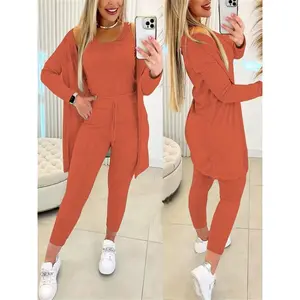 Three-piece Elastic-waist Suit: Coat + Solid Color Vest + Trousers For Women