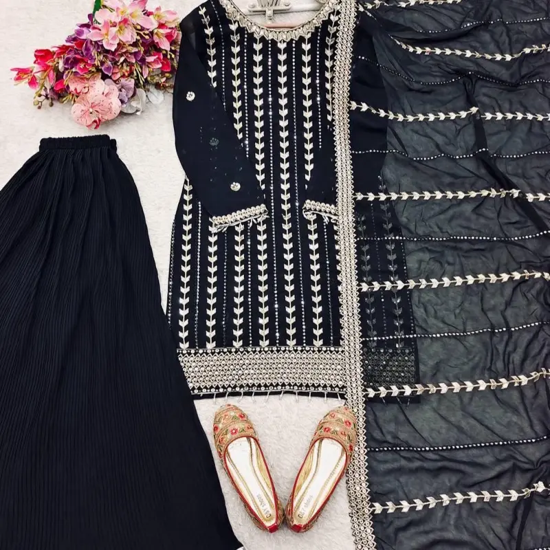 Women's Black Sharara Suit Set for Indian Wedding Parties - Traditional Womenswear Accessories pakistani dress AD213 Heavy Faux Georgette Top Plazzo & Dupatta Set