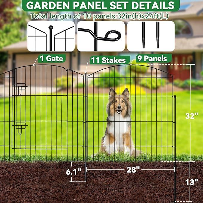 No Dig Decorative Garden Fence with Gate 32in (H) x 24ft (L), 9 Panels + 1 Gate +11 Stakes, Temporary Dog Fencing Outdoor, Rustproof Metal Arched Animal Barrier for Yard, Patio, Flower Bed, Landscape